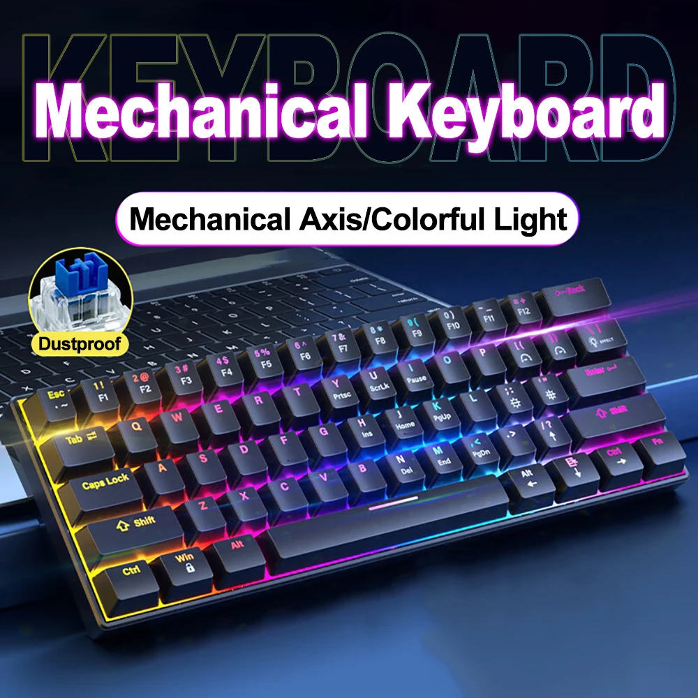 

K61 Wired Cyan Axis Mechanical Keyboard RGB Colorful Backlit Ergonomic Design 61 Keys Mini Gaming Keyboard for PC Laptop Desktop