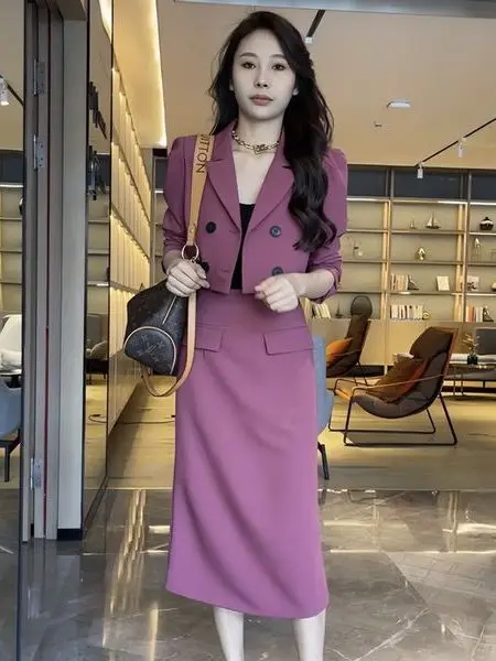 

Women's Slim Fit Double Breasted Suit Style Two Piece Set High Waist Long Sleeve Casual Fashion Korean Version Polyester Fiber