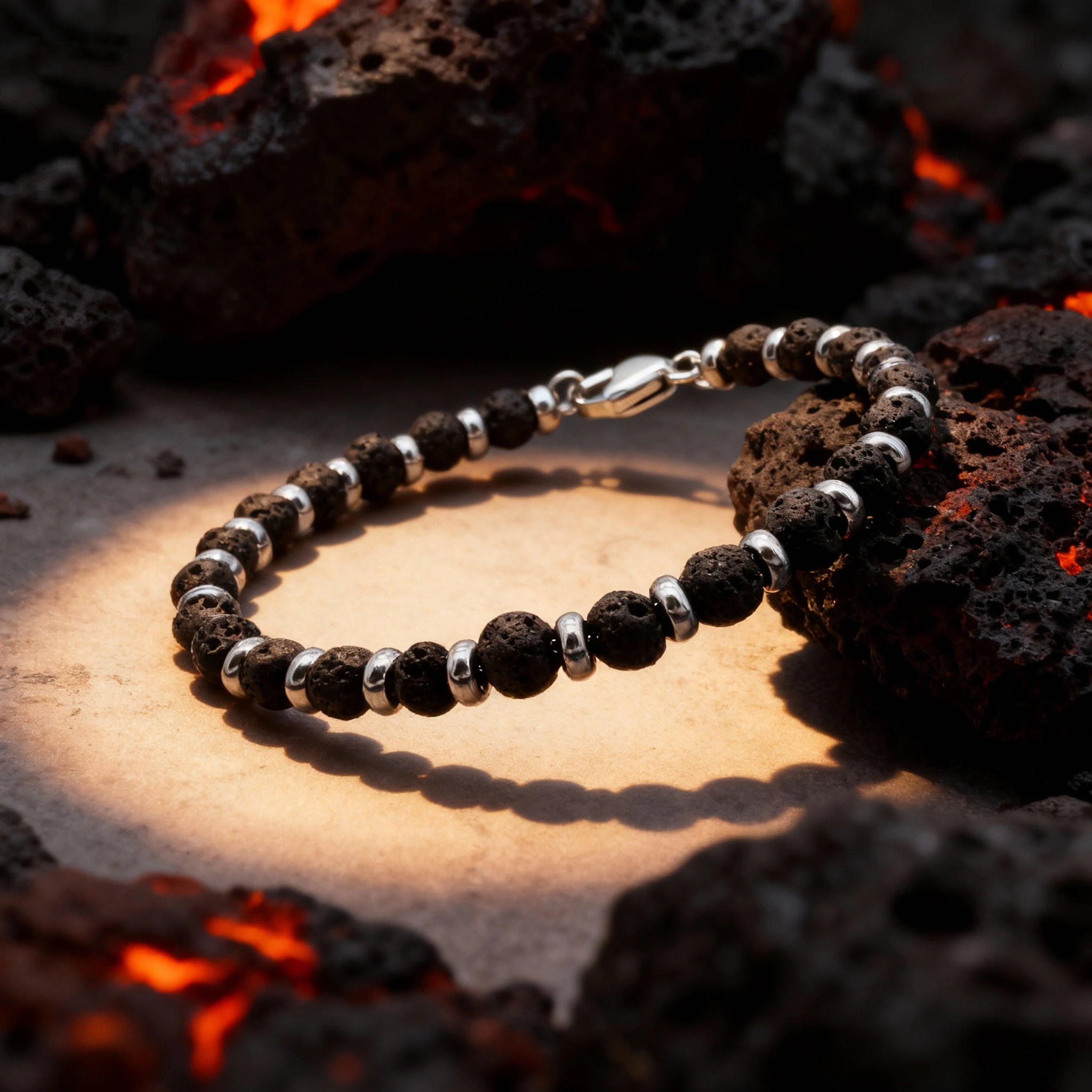 Men\'s Black Natural Volcanic Lava Stone Beads Necklace with Adjustable Stainless Steel Ring 22cm Runda Handmade Jewelry