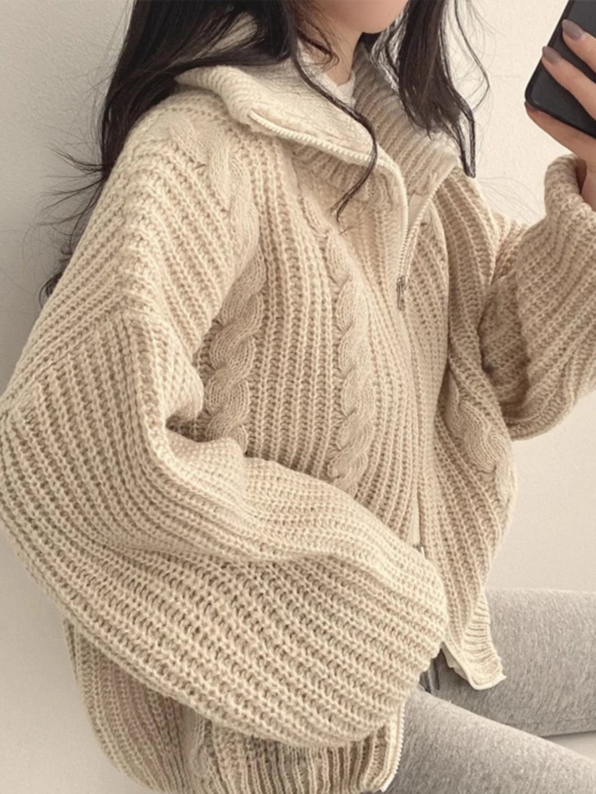 Suéter de Punto para Mujer, Cuello Alto, Manga Larga, Estilo Casual Coreano Retro, Diseño Trenzado, Cálido y Moderno para Inv...