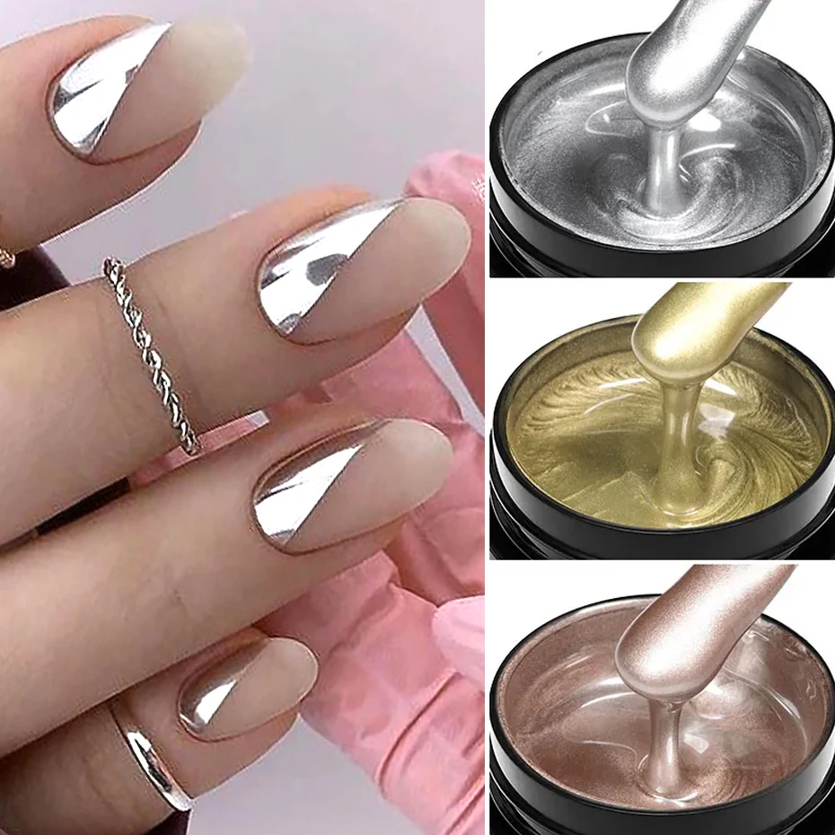 Gel Metálico de Pintura, Efecto Espejo en Oro, Plata y Rosa, Súper Brillante para Líneas y Arte Francés 3