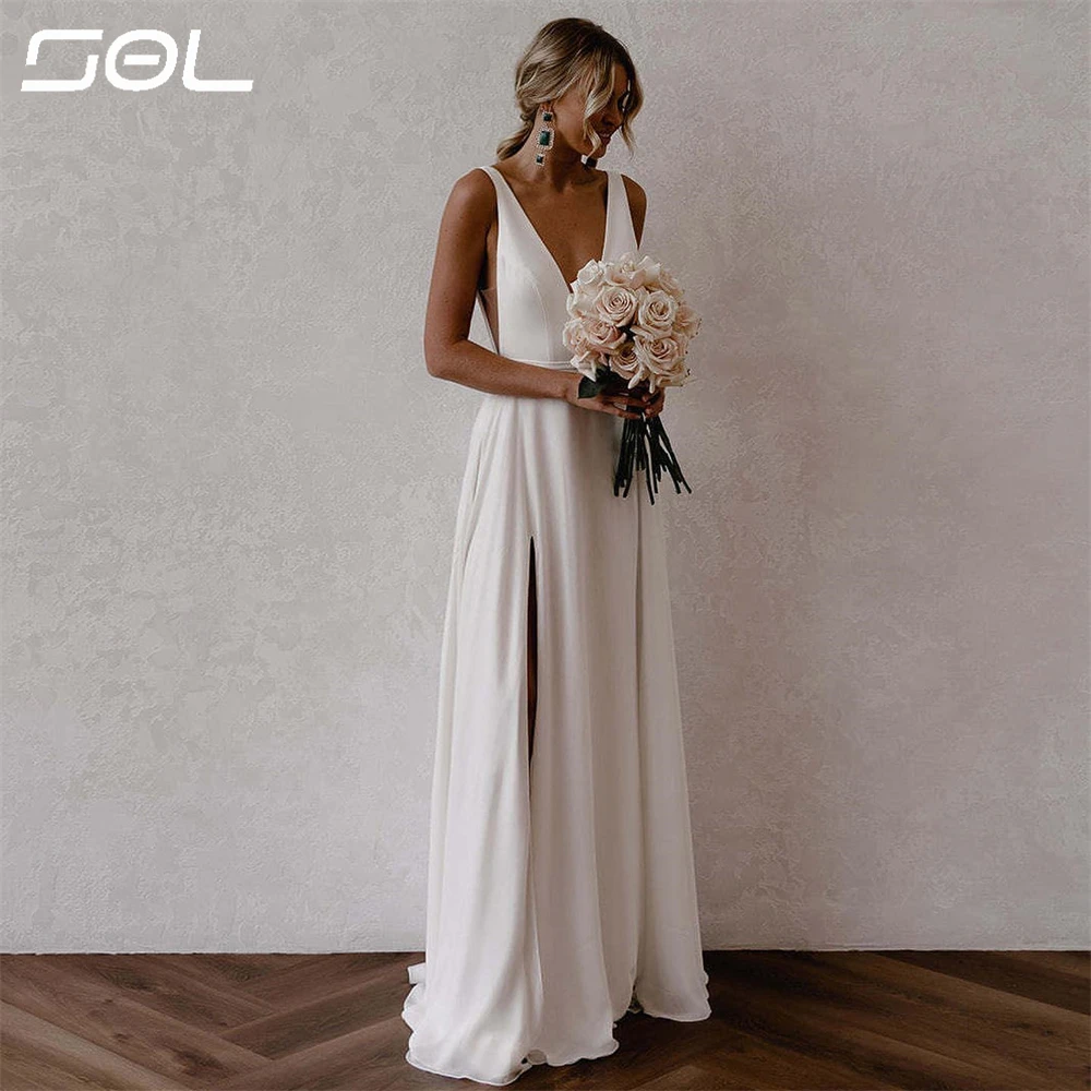 SOL Simple Deep V Neck Spaghetti Straps Side Slit Chiffon Wedding Dresses Elegant Backless A-Line Bridal Gowns Vestidos De Novia