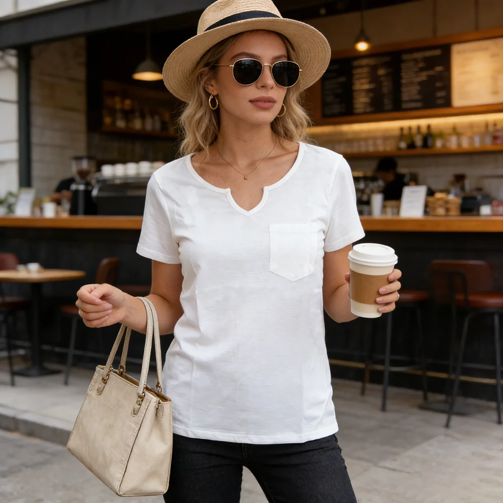 Women's White Notch V-Neck T-Shirt with Chest Pocket – Casual Relaxed Fit