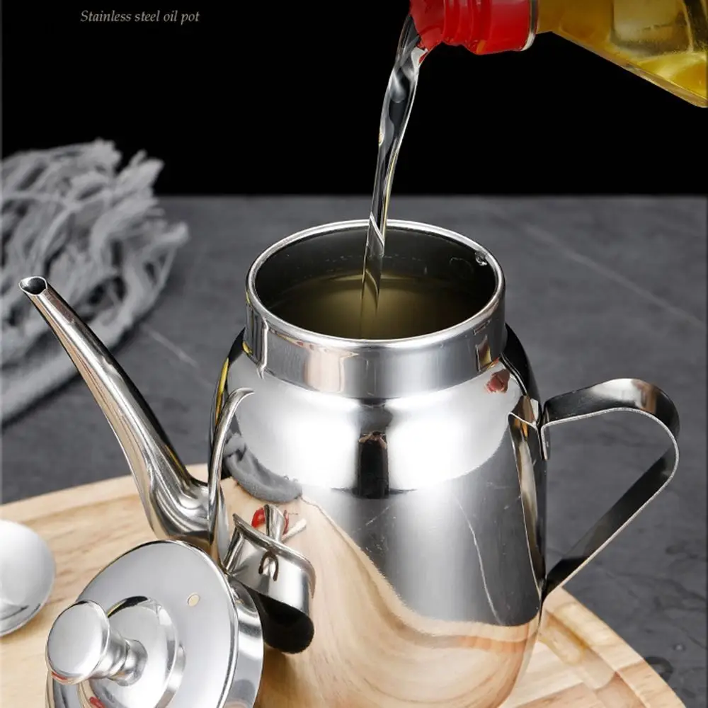 Stainless Steel Oil Cruet Drip Free Spout Leakproof Pouring Oil Pot Dustproof Cover Non- Slip Handle Sesame Oil Dispenser