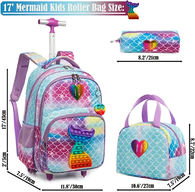 Schule Trolley Tasche mit mittagessen tasche Schule Rollende Rucksack Set Rädern rucksack für mädchen Kinder 3 stücke Schul set mit räder