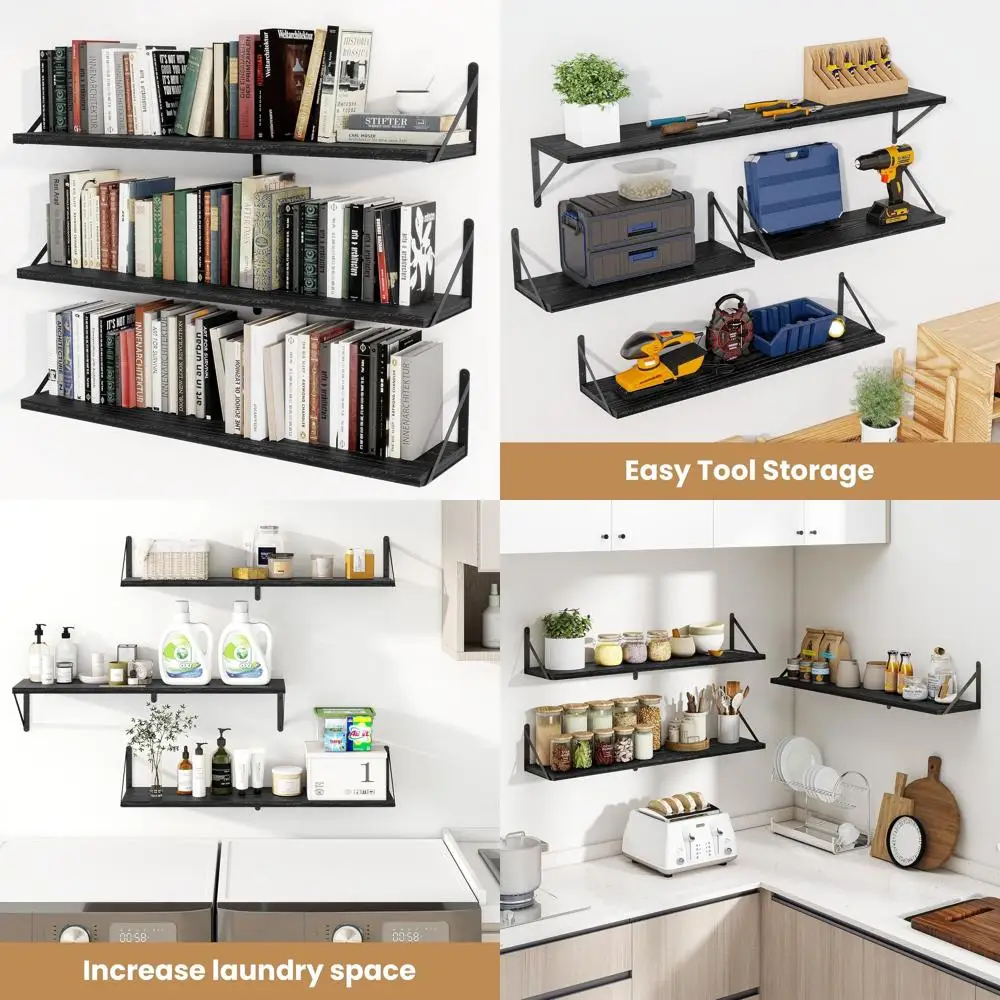 

Set of 3 Black Wall-Mounted Floating Shelves, 35.4 Long, for Living Room, Kitchen, Laundry Room Storage and Decor