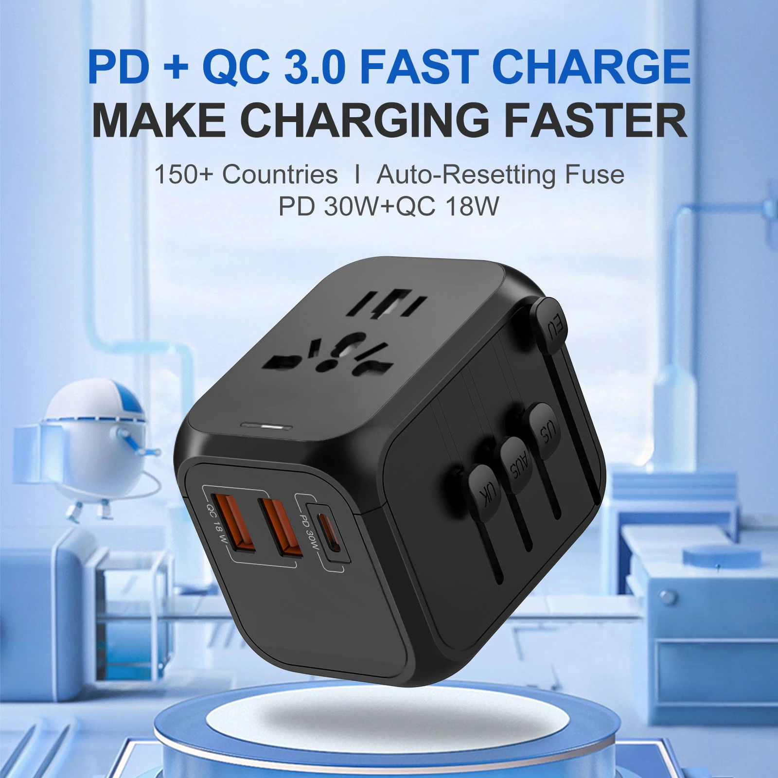 Tinsol PD 30W Global Adaptor Plug Socket Universal Travel Adapter Mobile Phones Tablet laptop USB Quick Charger AU EU US UK