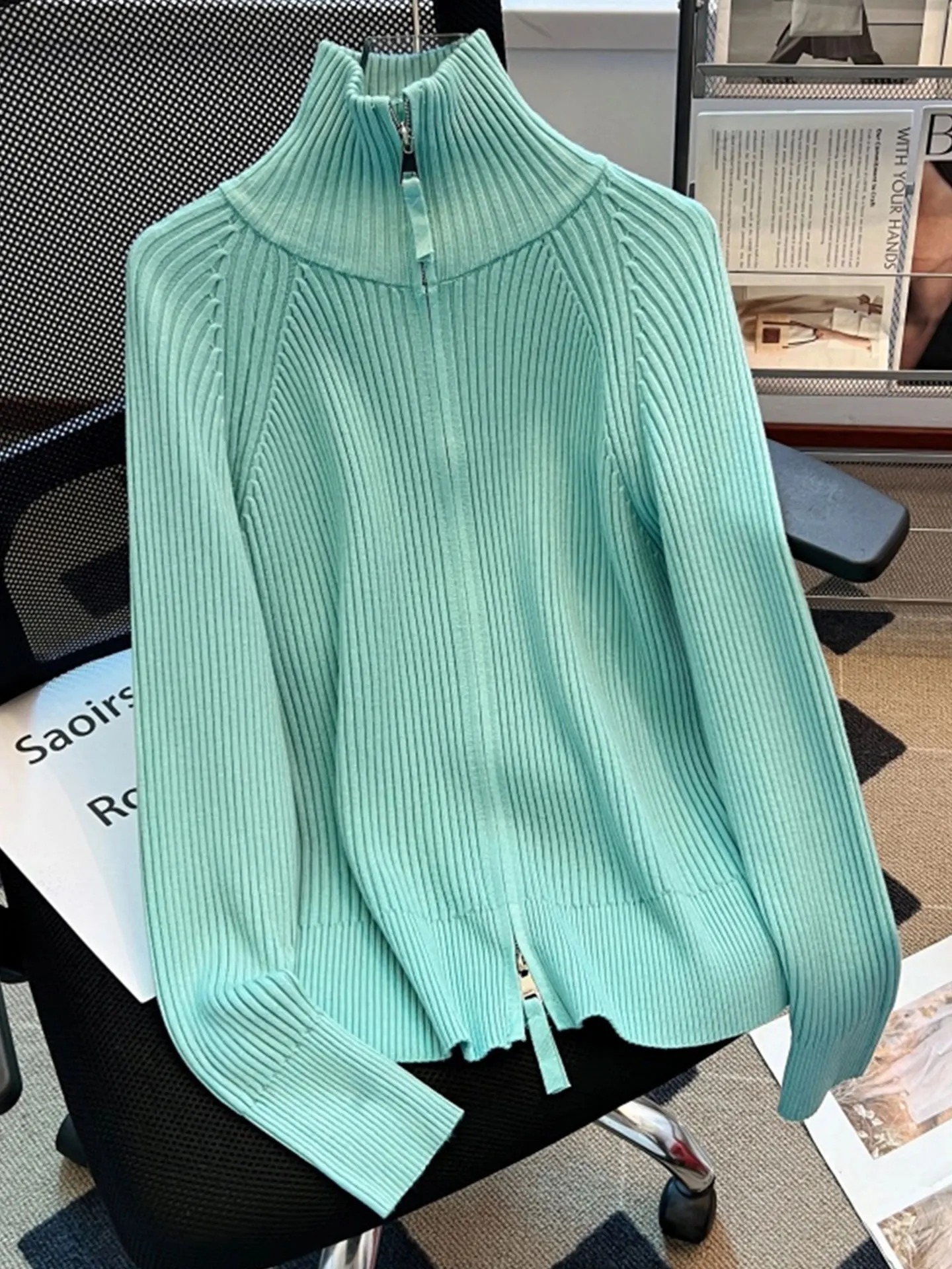 

Mint een High Collar Long Sve Knitted Sweater Coat Women's plus Size Autumn Winter Double Zipper Flip Collar Knit Cardigan