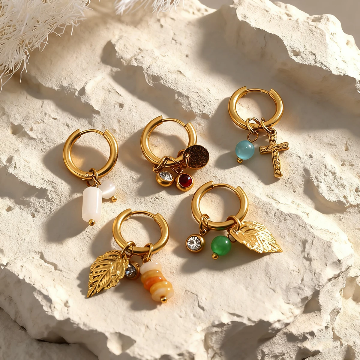 

SOVOB Women's Bohemian Ethnic Style Natural Stone Pendant Earrings Stainless Steel Gold-Plated Earring Daily Jewelry Accessories