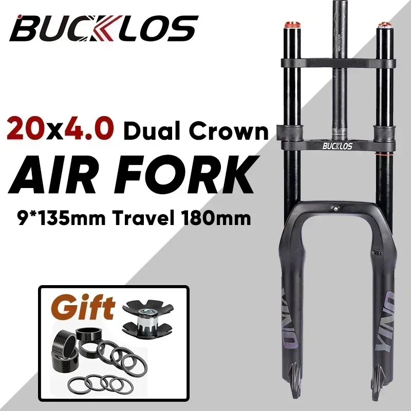 BUCKLOS Dual Crown 20Inch Ebike Fat Bike Fork 20*4.0 E-bike Air Suspension Fork 180mm Travel Beach Snow Bike Fork Bicycle Parts