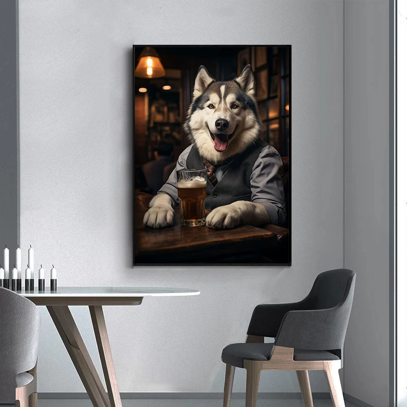 Dogs in Bar Retro Gentleman Dog Drink Canvas Painting Golden Retriever Corgi Beagles Rottweiler Bar Restaurant Dining Room Decor