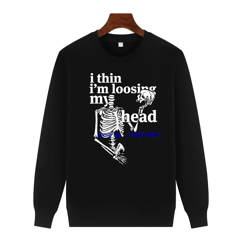 Men's Funny Skeleton Printed Crewneck Hoodie 'I Think I'm Losing My Head' Winter Fashion Essential Sweatshirt