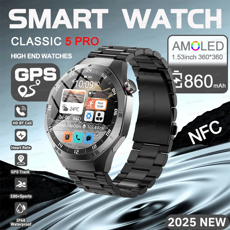 

2025 Men NEW Business Classic 5 PRO Smart Watch GPS HD AMOLED Display NFC HD Talk Heart Rate IP68 Waterproof Clock Fitness Watch