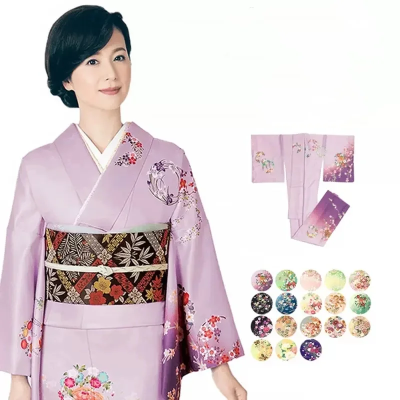 Women Japanese Traditional Kimono Floral Prints Bronzing Formal Yukata with Belt Cosplay Costume Photography Long Dress