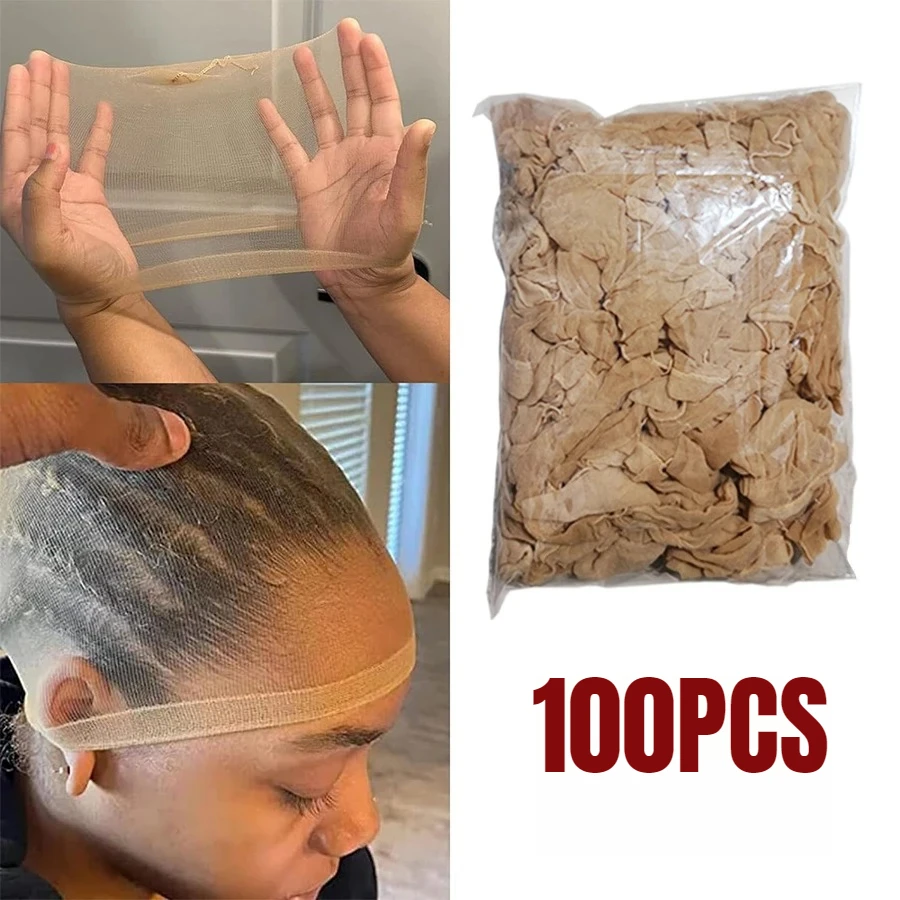 

100Pcs HD Wig Caps High Quality Transparent HD Hair Nets Weave Nylon Stretchy Lace Front Wig Cap for Women Men Light Brown