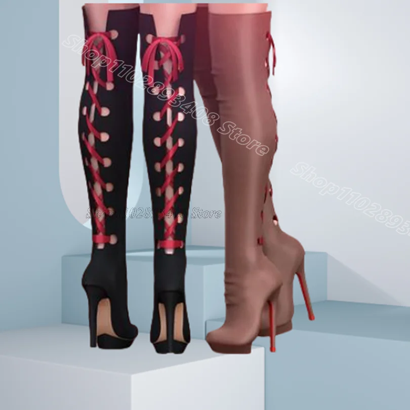 

Black Cross Band Silk Sexy Boots Round Toe Solid Design for Women British Style Spring Stiletto Boots 2024 Zapatos Para Mujere