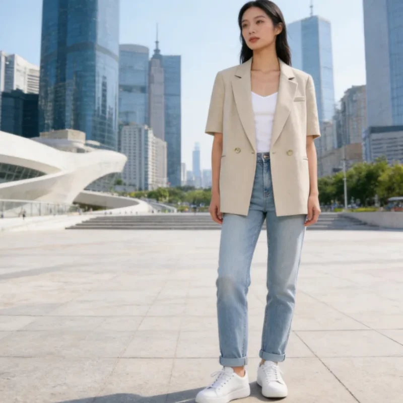 

Women's Jacket 2026 New Fashion Linen Blend Short Sleeve Double-Breasted Blazer Elegant Versatile Casual Easy to Match