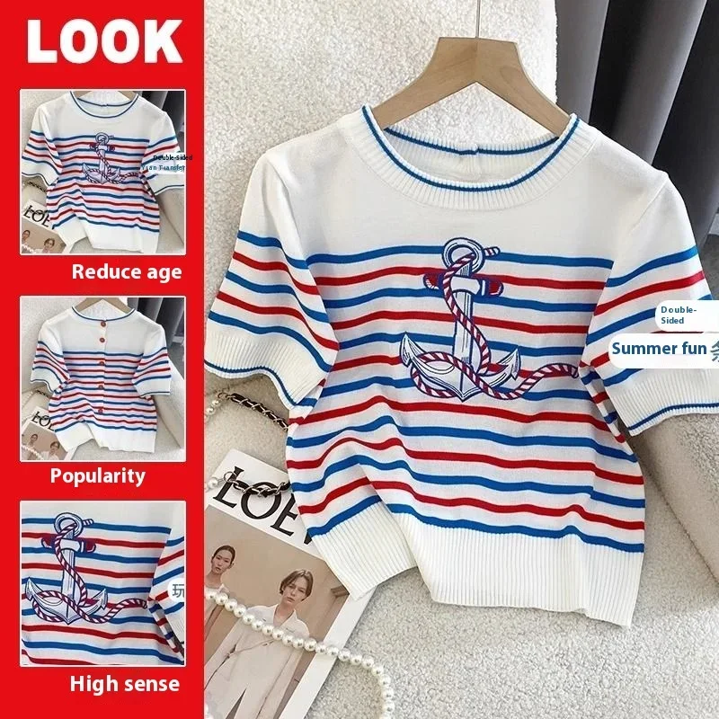 Striped Embroidered Knitted Shirt Women\'s Round Neck Short Sleeve Double Wearable T-shirt Knitted Shirt 2024 Summer New Edition