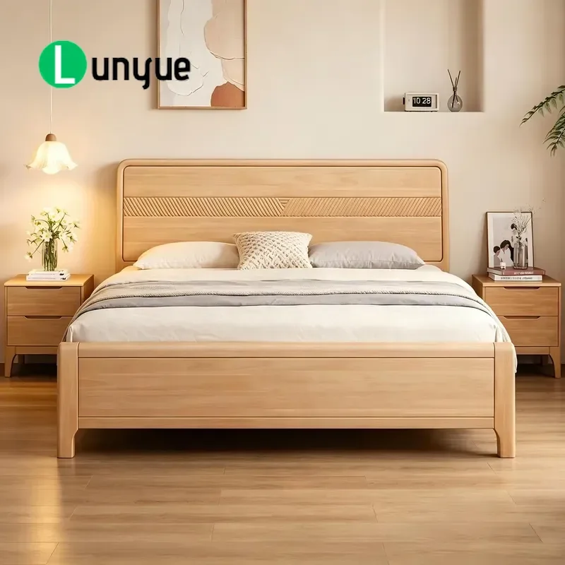 Modern Beech Solid Wood Platform Bed Frame Double Size Eco Friendly Soft Upholstered Bedroom Furniture for Home Hotel