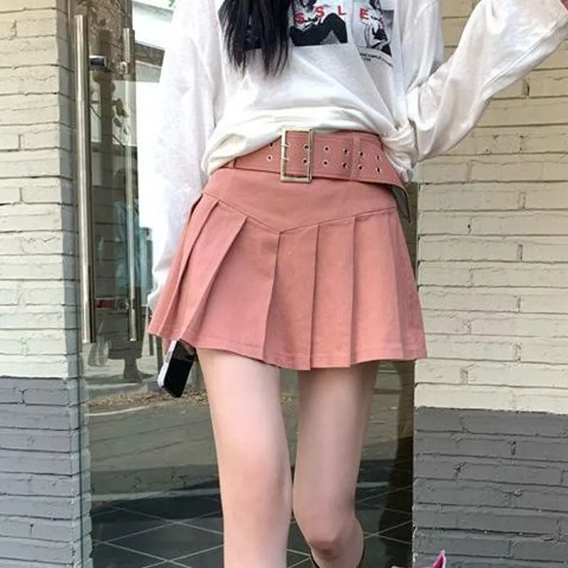 High Waist Pleated Mini Skirts Spring Summer A-Line Hotsweet Vintage Solid Color Basic Women\'s Clothing Stylish Sashes Skirts