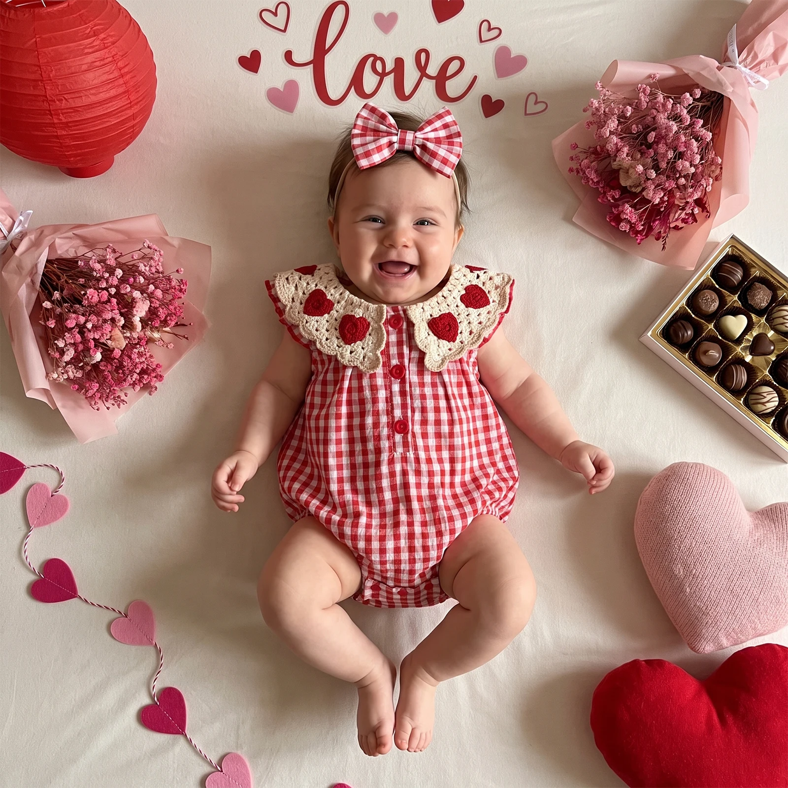Newborn Girl Outfit Plaid Heart Fly Sleeve Romper with Bowknot Hairband