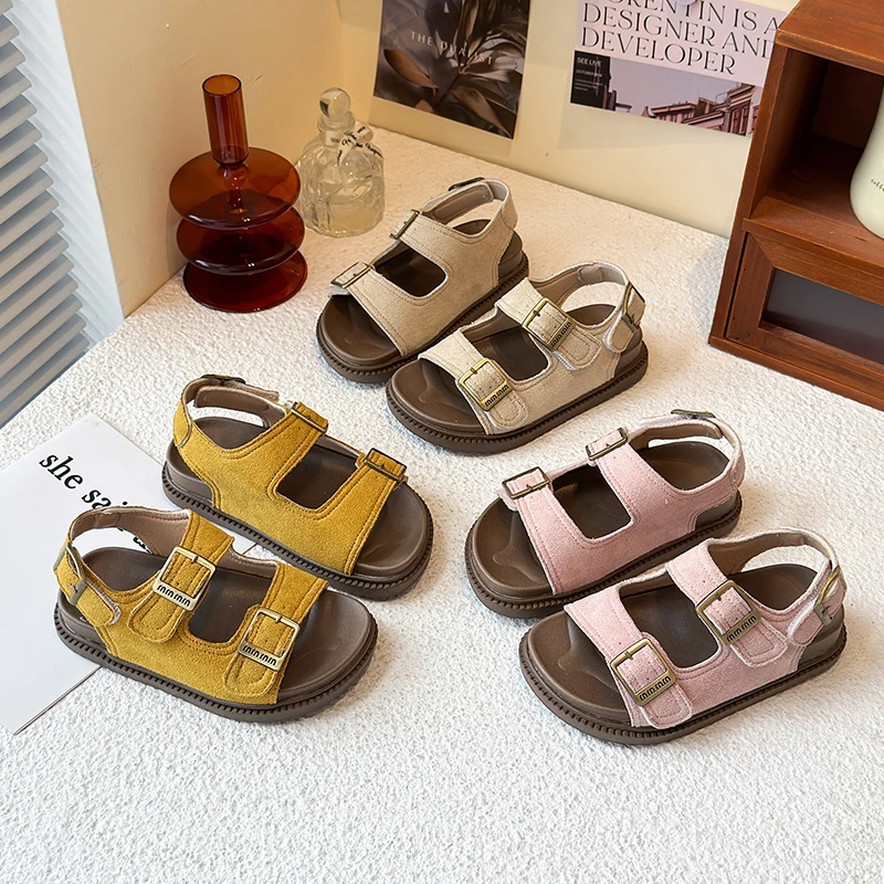 

Kids Suede Strappy Sandals for Boys Girls 2026 Summer Toddler Beach Barefoot Shoes Non-slip Versatile Comfort Casual Sandals Ins