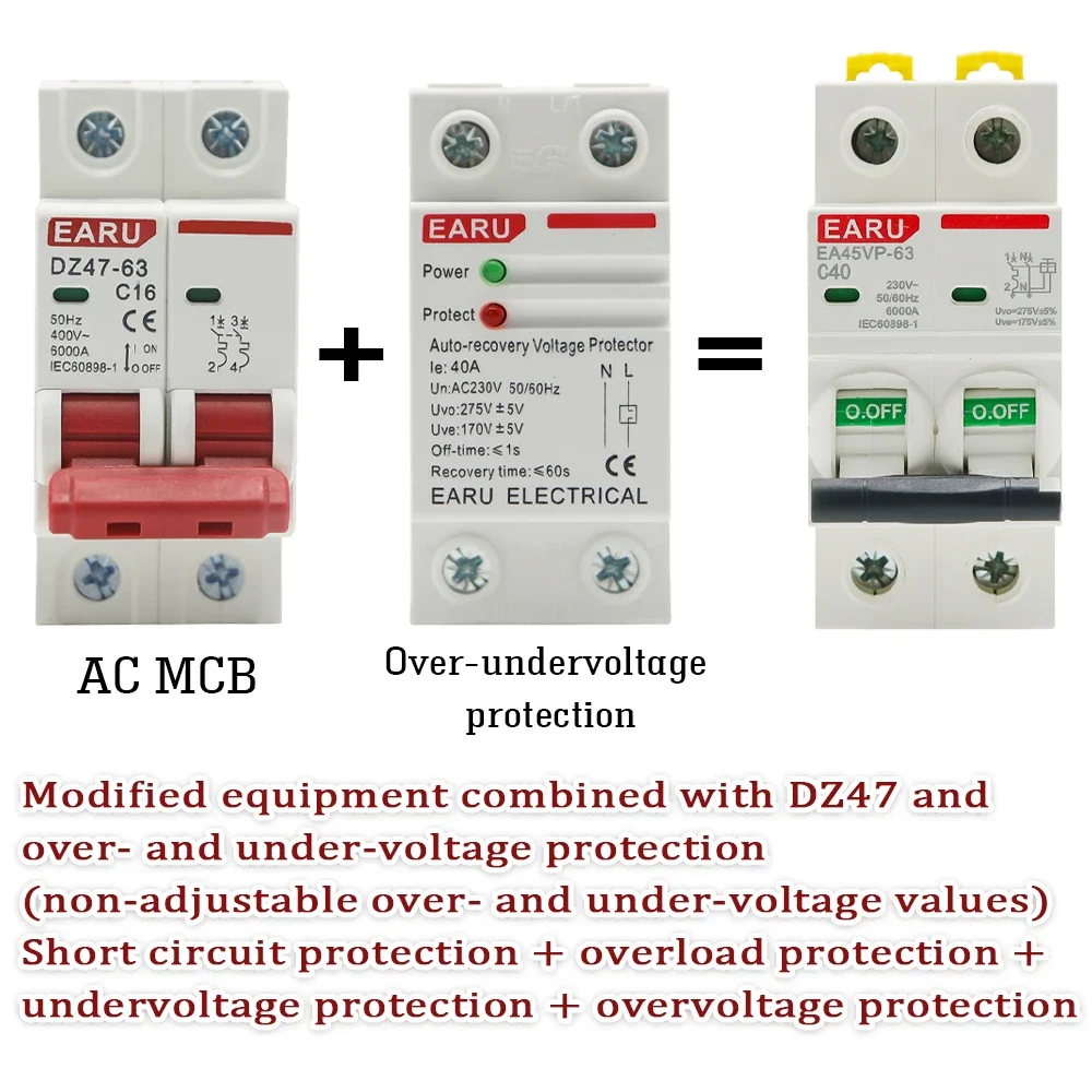 AC MCB C Type 230V 50/60HZ Mini Circuit Breaker Overvoltage and Undervoltage Protection 6A 10A 16A 20A 25A 32A 40A 50A 63A 1P+N