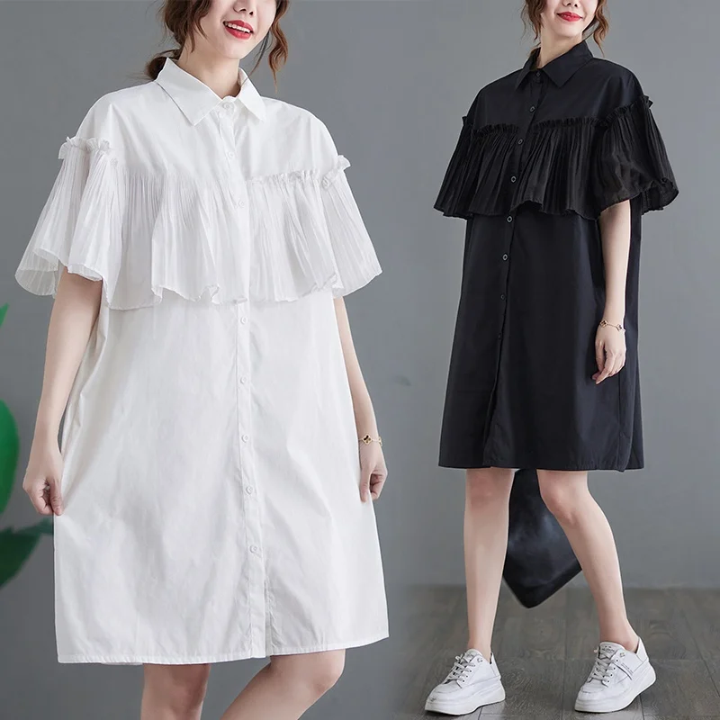 

Женское летнее платье больших размеров в корейском стиле, пэчворк, плиссированное, свободного кроя, средней длины, с эффектом похудения, на одной пуговице