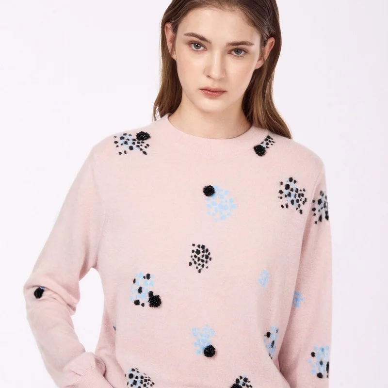 

Korean Sle Hand Sewn Beaded Embroidery round Ne Loose Knitted Sweater Winter Faion Versatile Beautiful Flower Patterned...