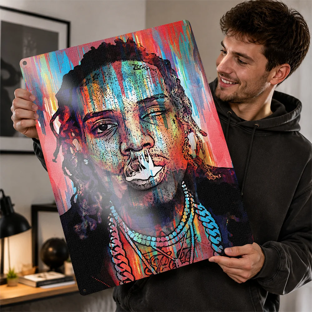 Fetty Wap Tattooed Face Portrait Aluminum Poster Painterly Wall Art For Music Studio Customized Metal Sign Concertgoer Gift Idea