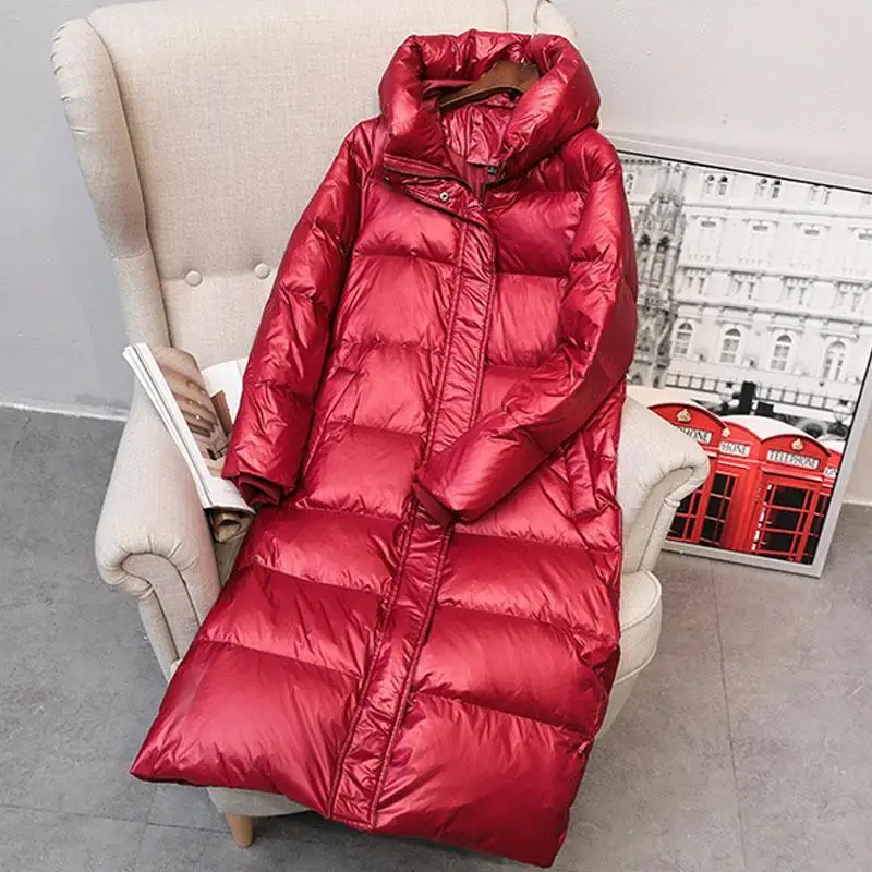 Women Winter Down Coat Long Over Knee Thick White Duck Down Jacket Slim Hooded Warm Windproof
