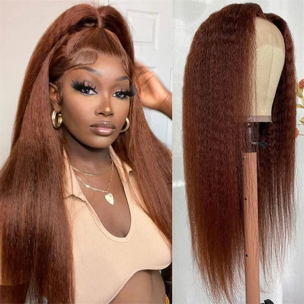 Soft Glueless 28Inch 180Density Brown Yaki Kinky Straight Lace Front Wigs For Women BabyHair Preplucked Daily  Fashion Synthetic