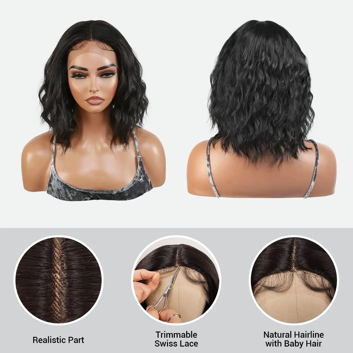 Online Clearance Sales Short Bob Wigs Human Hair Loose Deep Wave Layered Bob Wig Middle Part Swiss Lace Front Curly Wavy Hair