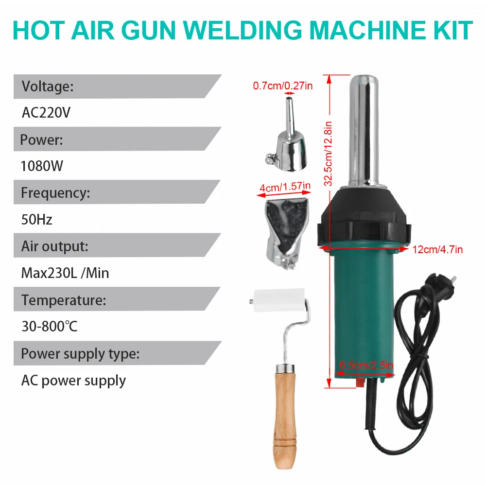 1080W 220V Plastic Hot Air Welding Gun Torch with Pencil Tip Nozzle Flat Tip Pressure Roller Welding Heat Gun Kit Welder Machine