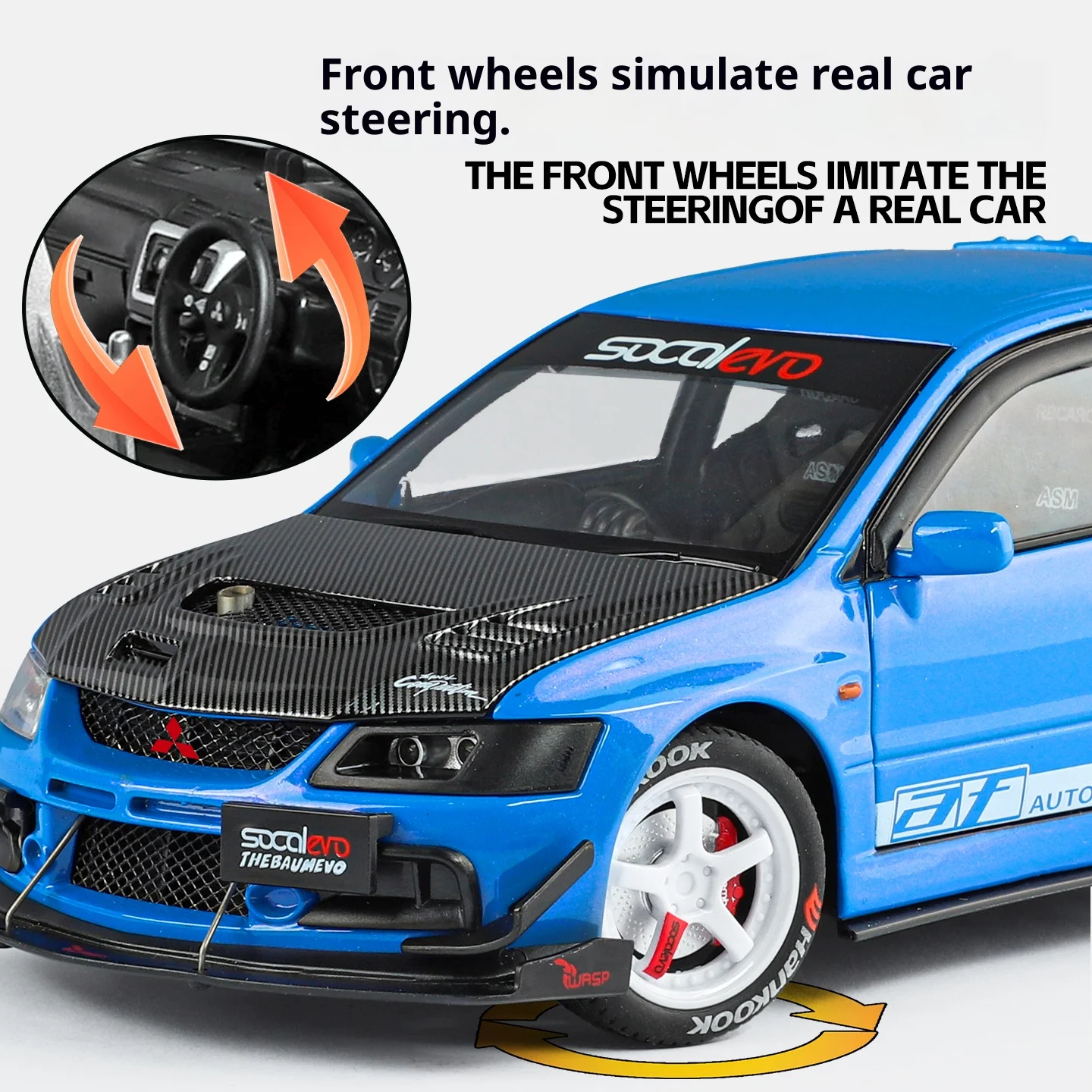 Model samochodu Mitsubishi EVO9 ze stopu metalu w skali 1/24, symulacja dźwięku i światła, amortyzacja kół, zabawka dla chłopca, prezent urodzinowy dla dzieci.