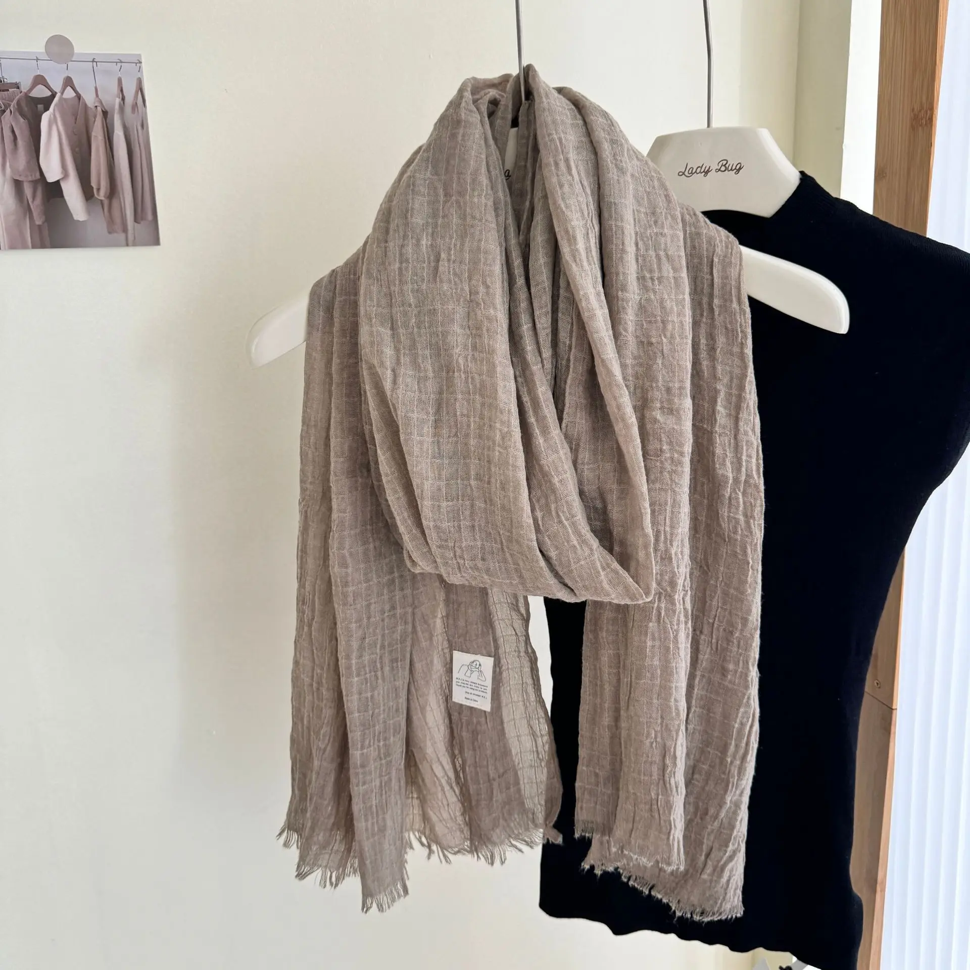 Cotton Linen Scarf Pleated Waffle Texture Women's Spring and Autumn Thin Solid Color Cotton Yarn Shawl Dual-purpose Long Winter