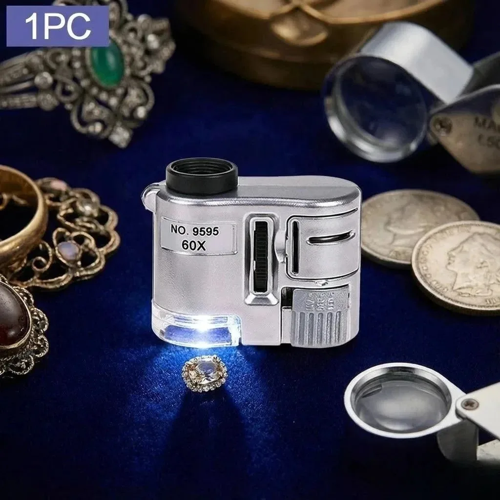 60X Handheld Mini Pocket Magnifying Glass Microscope Loupe With LED Light For Currency Detection Jewelry Identification