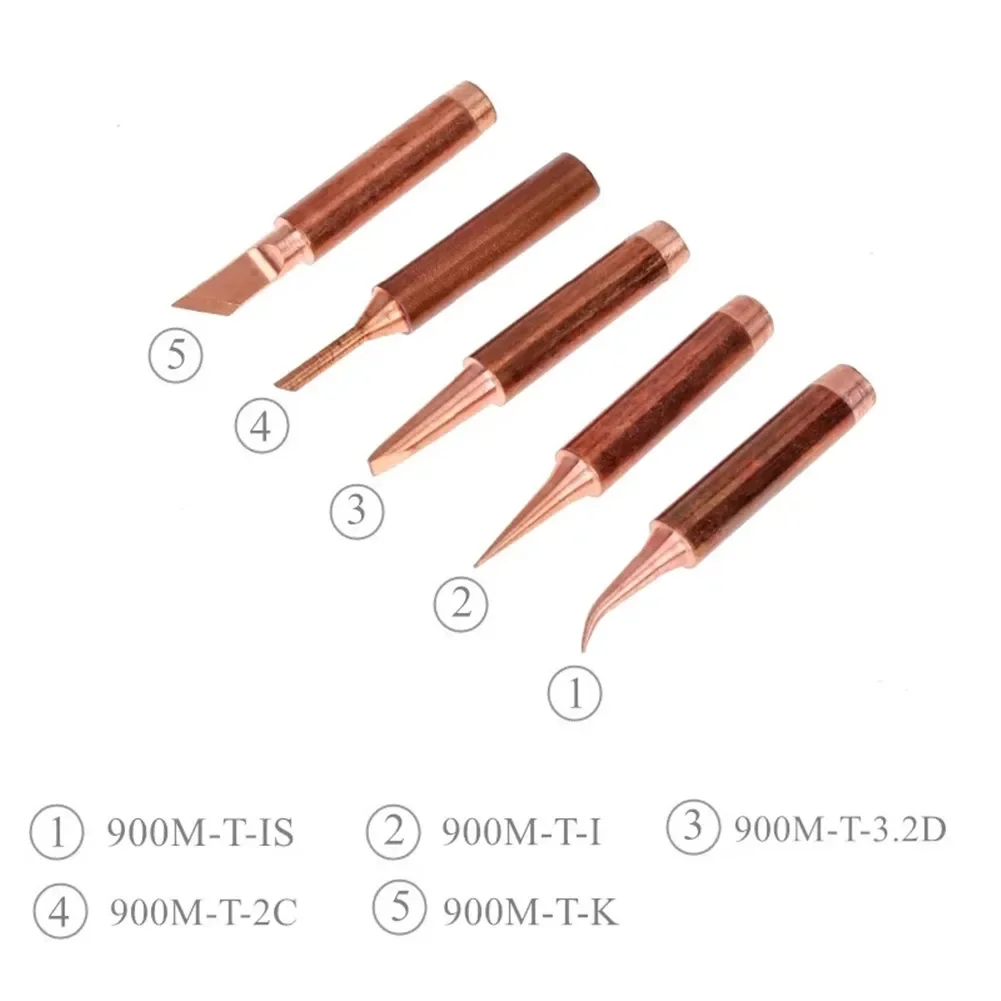 5pcs/set 900M-T Copper Soldering Iron Tip Lead-free Solder Tips Welding Head IS/I/3.2D/2C/K For Lower Temperature Soldering