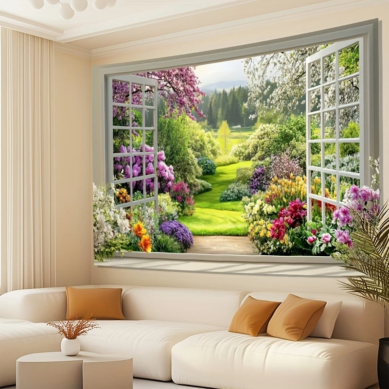 VIKAMA Window Opening Spring Garden Tapestry Window Flower Sea Background Cloth Living Room Enthusiasts Room Decoration
