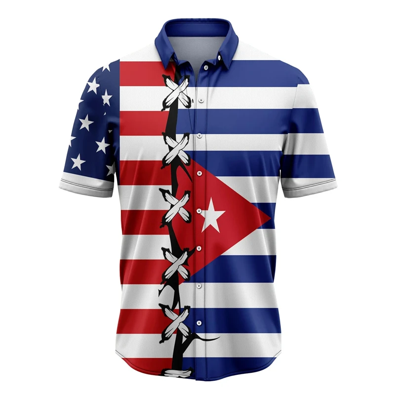 Flag Of Cuba Mens Short Sleeve Button Down Shirts 3D Print Cuban Guayabera Shirt Beach Tops Hawaiian Shirt Men Clothing 2024 Tee