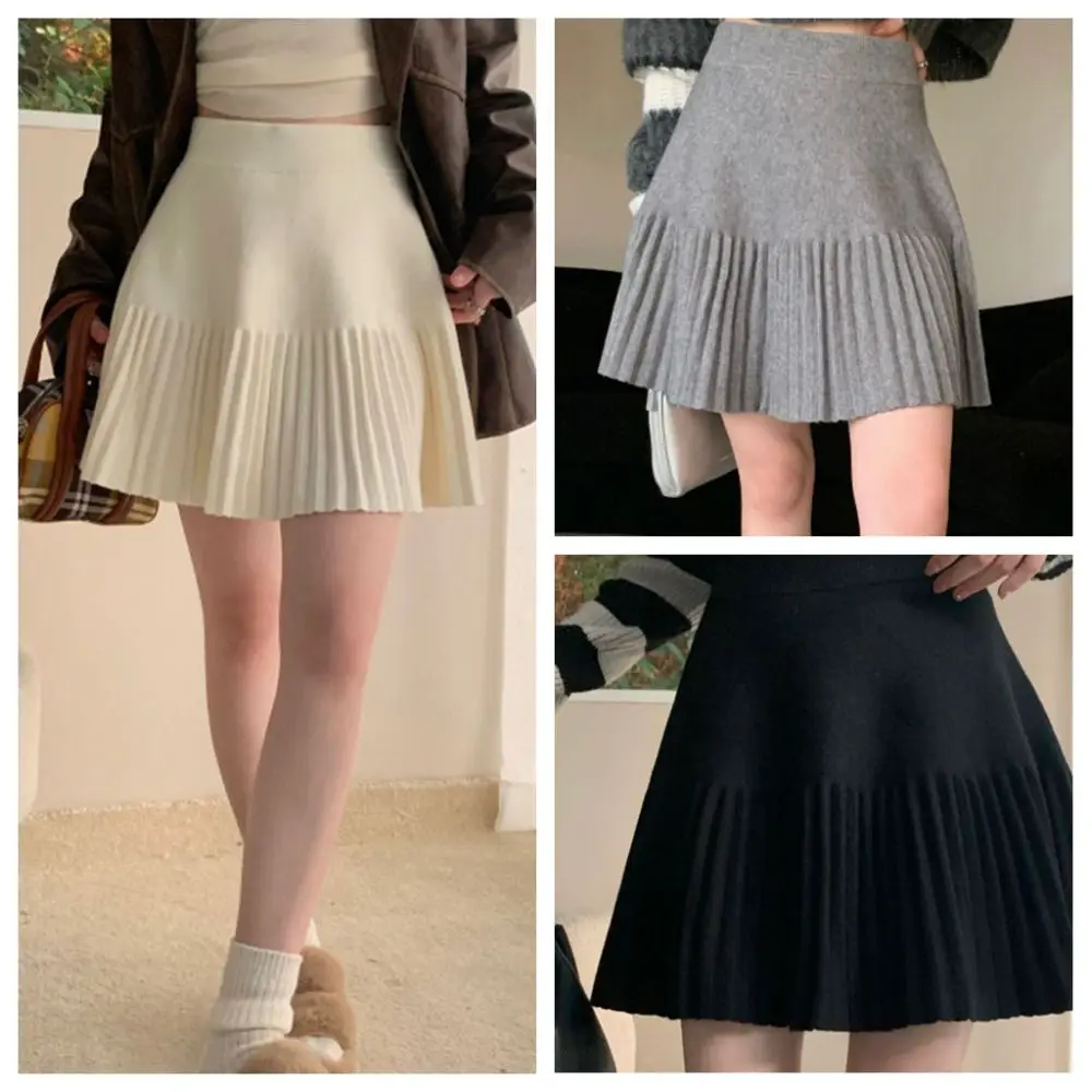 Fashion Pleated Design Pleated Mini Skirts Stretchy Knit Solid Color Korean Sweet Skirts A Line Cut Knitted Skirts Casual Wear