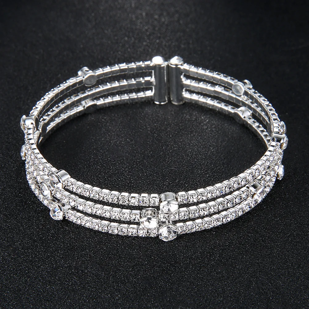 

Crystal Women Bracelet Elastic Simple Silver Hand Ornament Fashion Bangle Daily Wear Gift for Female Friends Filled Rhinestone
