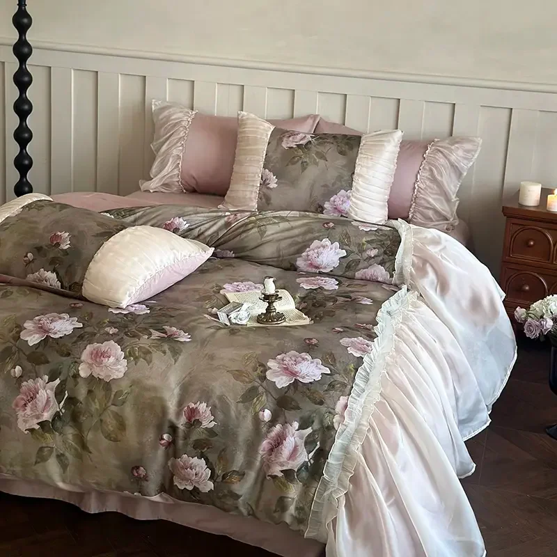 Flower Digital Printing Bedding Sets Luxury Egyptian Cotton Lace Ruffles Princess Duvet Cover Bed Sheet Pillowcases Home Textile