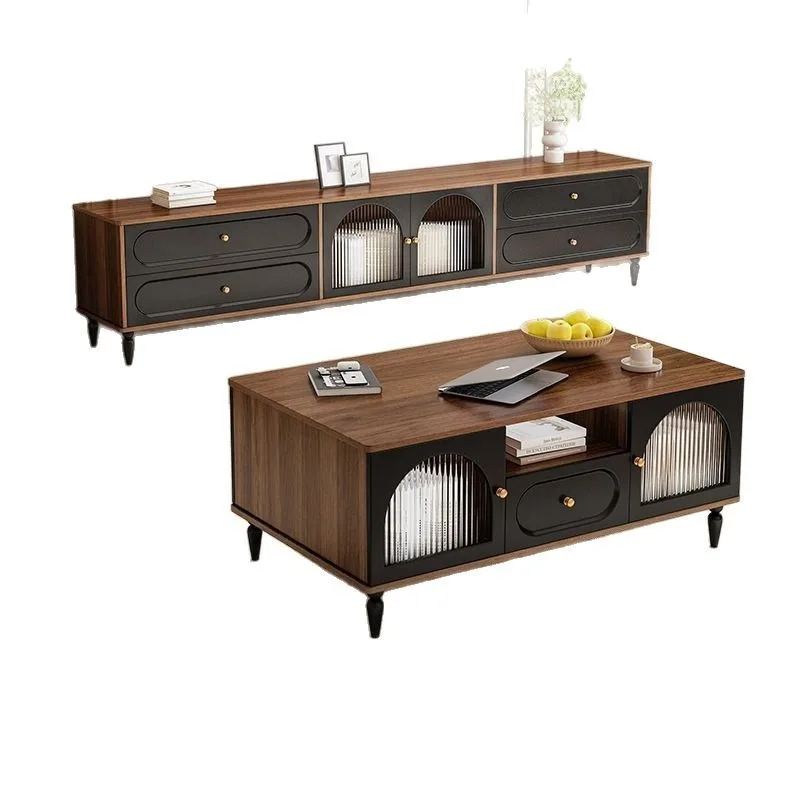 

Solid wood TV cabinet set, living room household floor storage small apartment coffee table storage cabinet