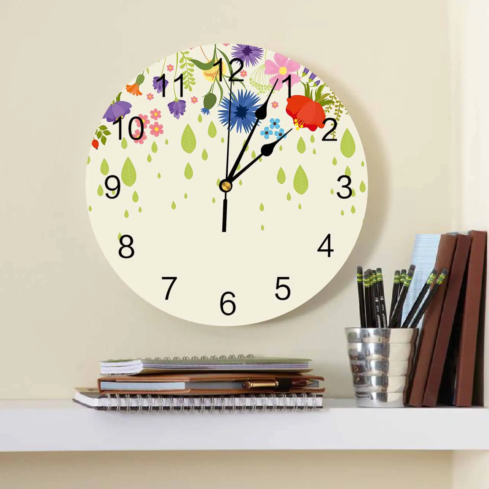 Flowers Leaves Raindrops Modern Home Decor Digital Clock Living Room Decor Wall Stickers Wall Clocks