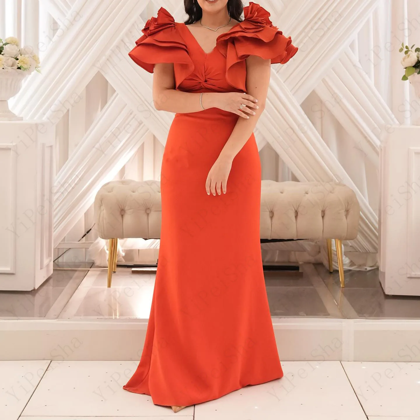 

Customized A-Line Prom Dresses Floor-Length V-Neck Sleeveless Evening Gown Simple Fashion Stole Draped Casual Party Gown