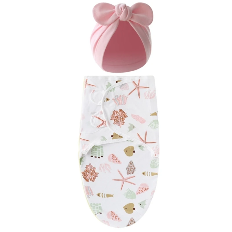 1 Set Cotton Baby Swaddle Blanket Newborn Sleeping Bag+Turban Hat Unisex Boys Girls Sleepsack with Bowknot Bonnet