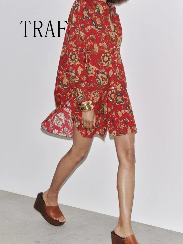 

TRAF European and American style women's summer new style fashionable all-match lapel long sleeve slim print long shirt