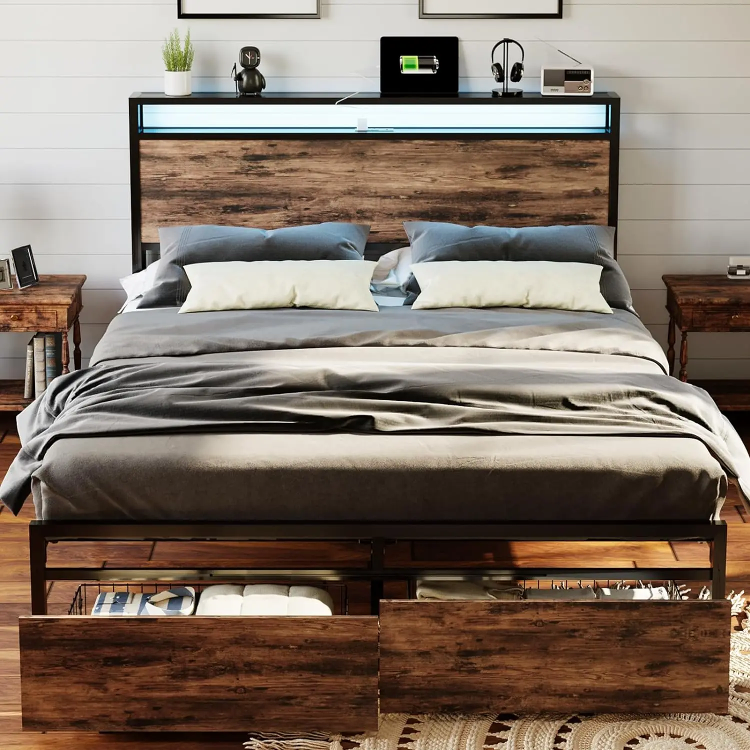 Queen Size Bed Frame with Storage Headboard,LED Platform Queen Bed Frame with Drawers and Charging Station,Wooden Metal Bedframe