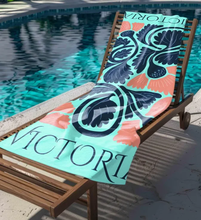 Oversized Quick Dry Personalized Beach Towel, Custom Name Victoria Floral Print Sand-Free Microfiber Towel for Beach Pool